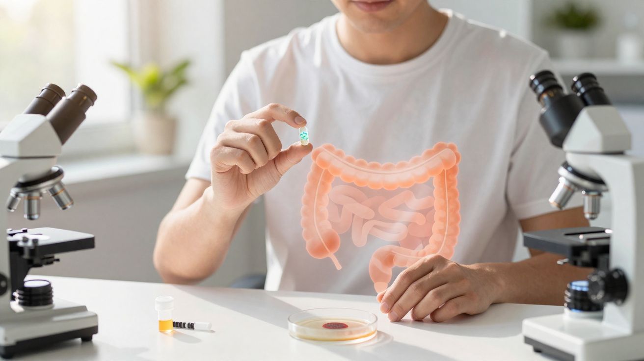 Pessoa segurando cápsula com ilustração do intestino visível, em laboratório com microscópios e placa de petri.