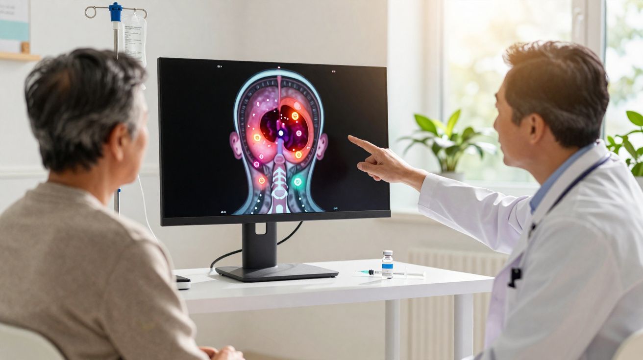 Médico explica imagem digital do cérebro a paciente com infusão intravenosa numa sala iluminada.
