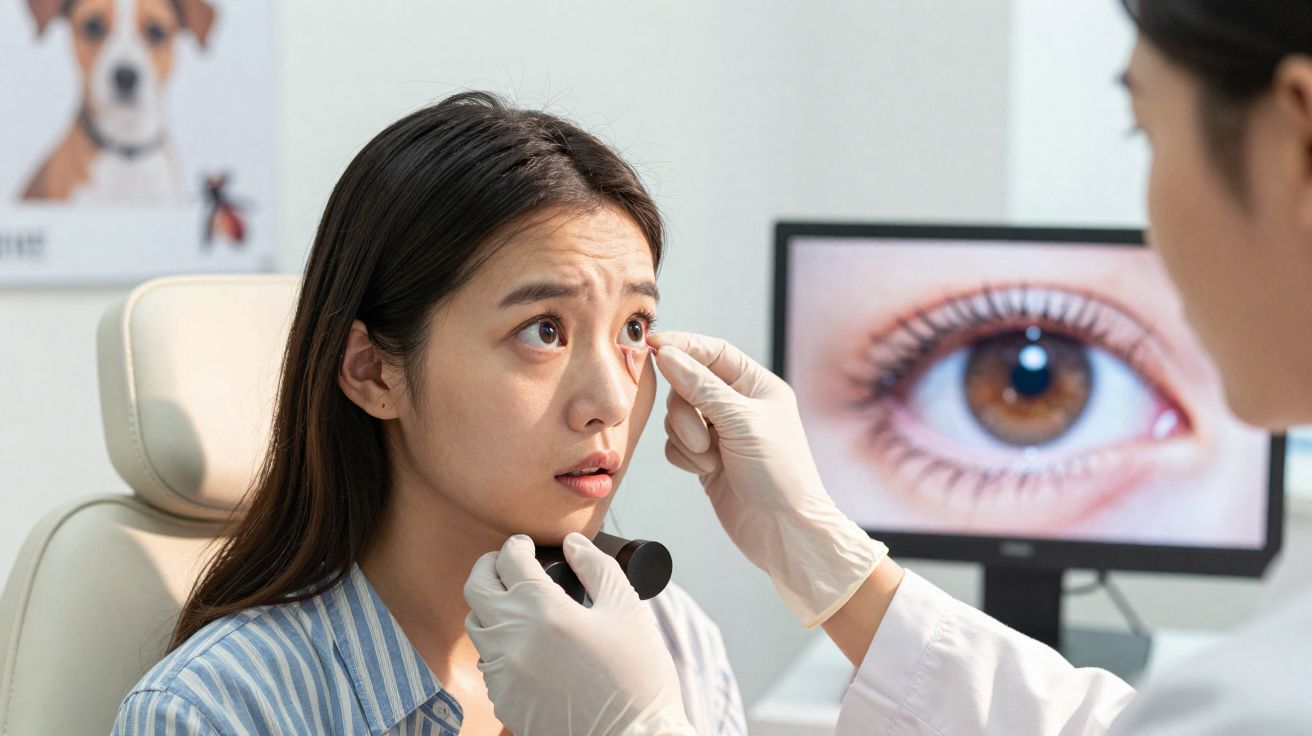 Paciente em consulta oftalmológica enquanto médico examina seu olho com luz e equipamentos.