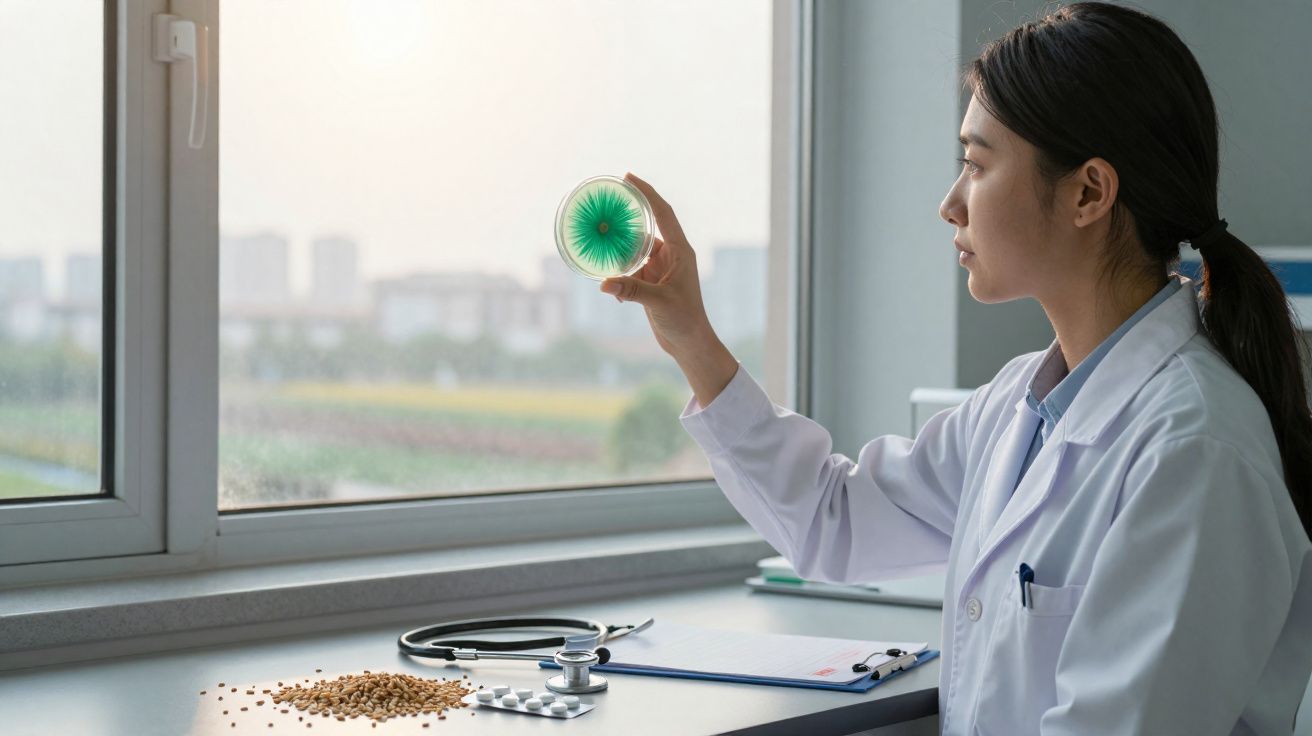 Mulher cientista com bata branca examina cultura de microrganismos verde em placa de Petri junto à janela iluminada.