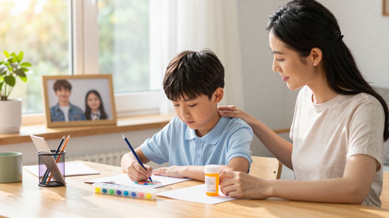 Criança a desenhar sentada à mesa com mulher ao lado a ajudar, ambiente luminoso e acolhedor.