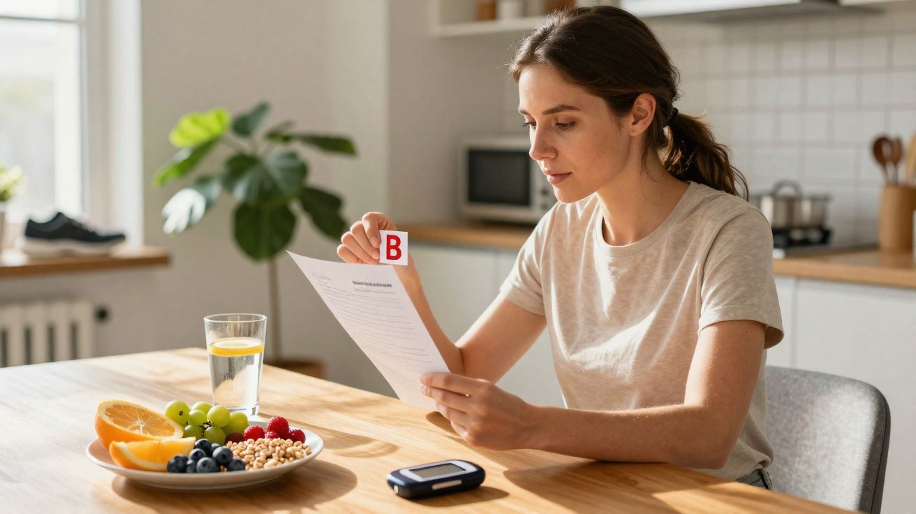 Mulher sentada à mesa a verificar resultado de exame com papel e marcador B, com frutas e aparelho médico à frente.