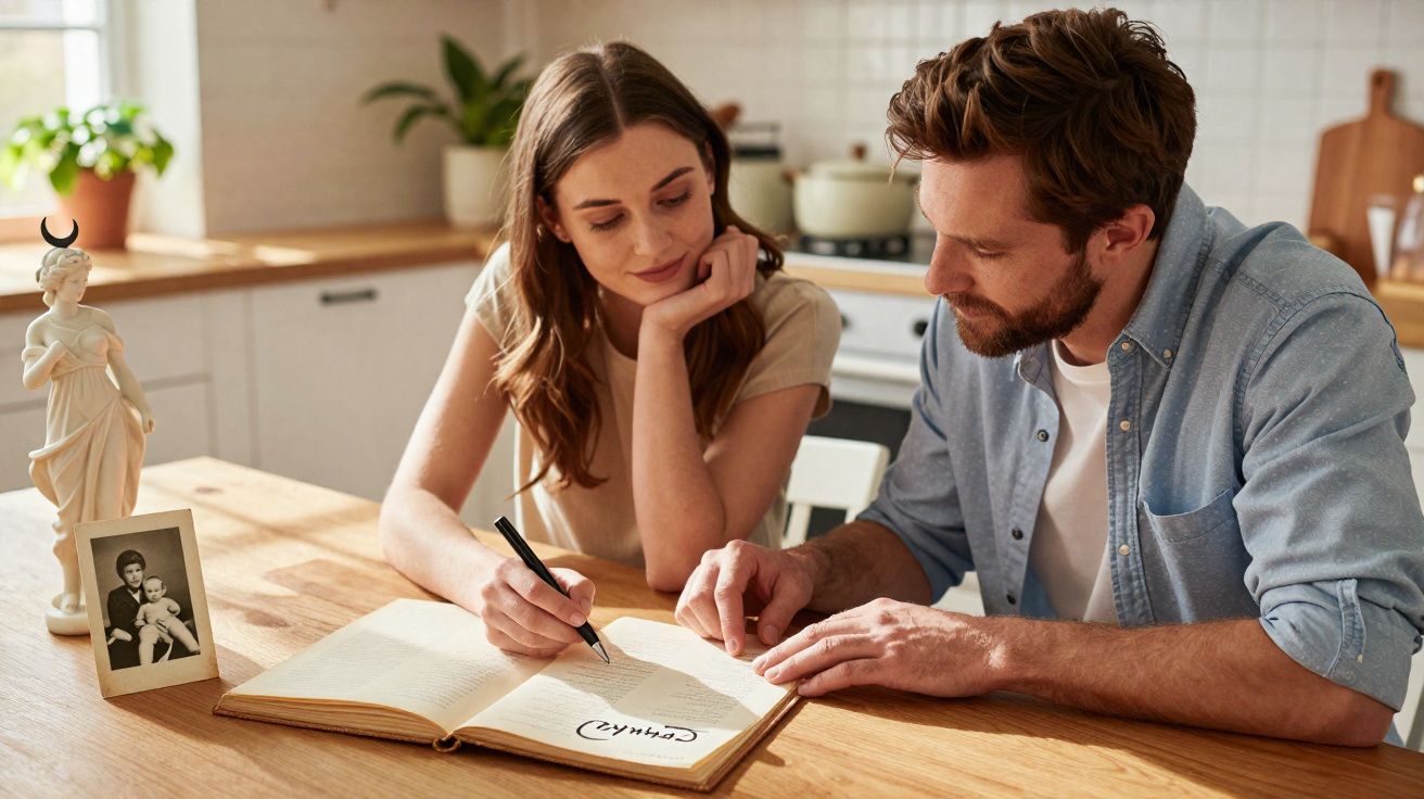 Casal sentado à mesa a escrever num livro grande numa cozinha iluminada e acolhedora.