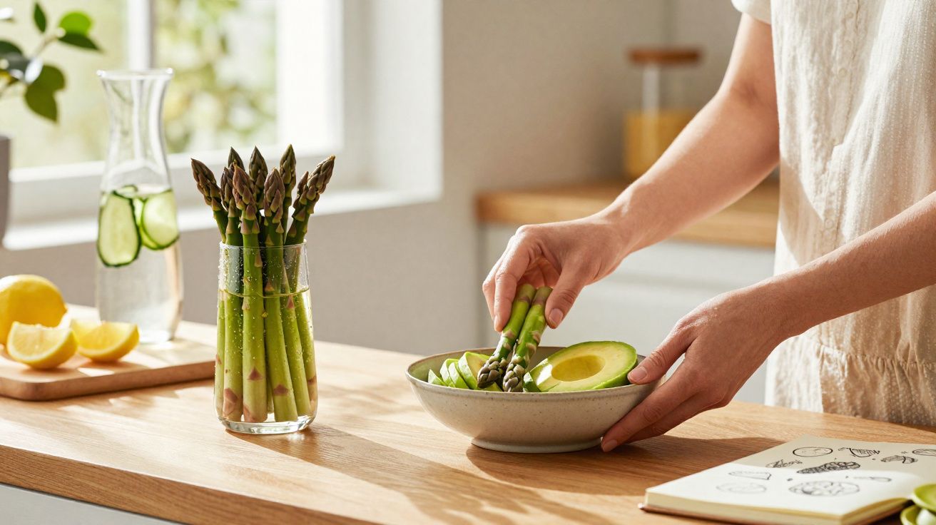 Pessoas a preparar espargos frescos e abacate numa cozinha bem iluminada com jarro de água e limão.