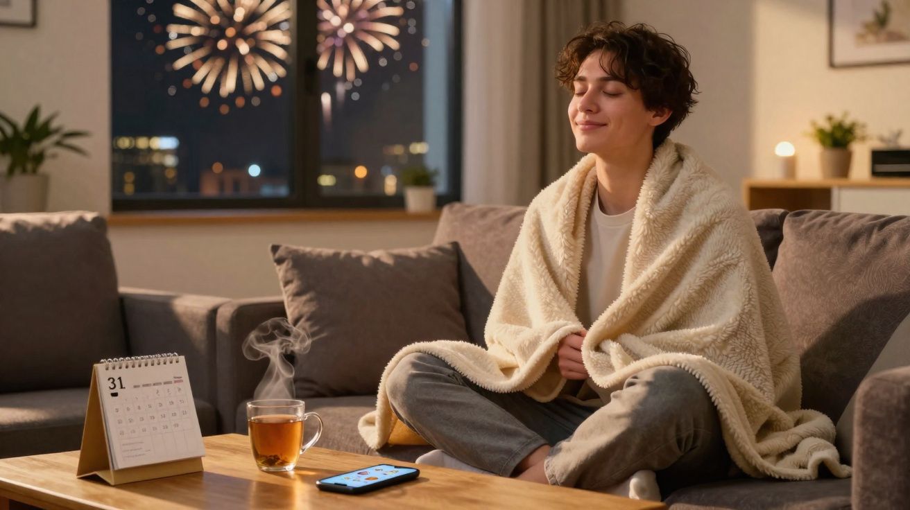 Pessoa sentada no sofá com manta, chá e smartphone, a contemplar fogos de artifício pela janela à noite.