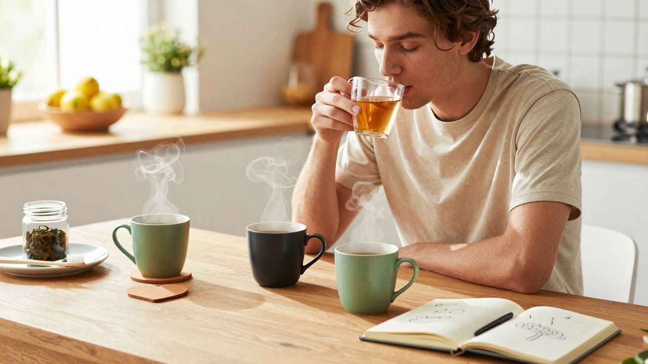 Homem sentado a beber chá quente numa cozinha moderna, com três chávenas fumegantes e um caderno aberto.