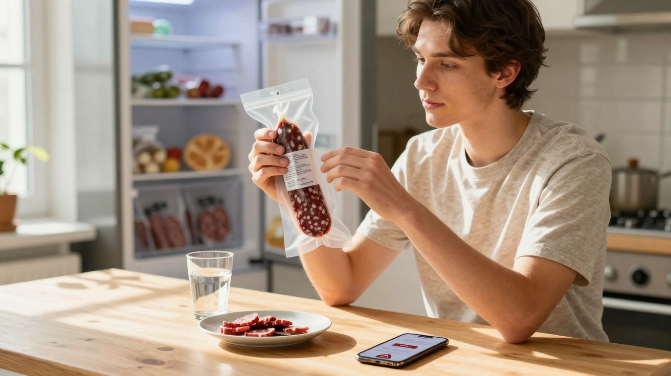 Jovem sentado à mesa a ler rótulo de enchido embalado com fatias no prato e telefone por perto.