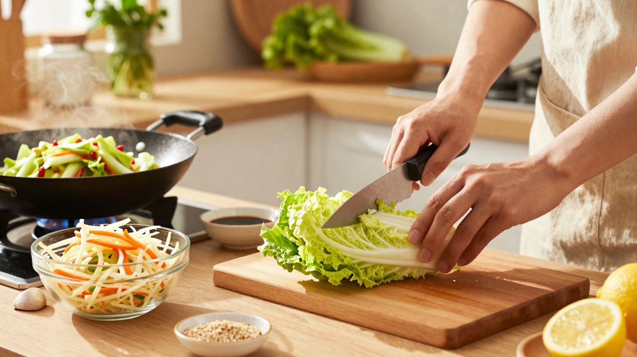 Pessoa a cortar alface num tabuleiro de madeira numa cozinha com legumes e wok ao fundo.