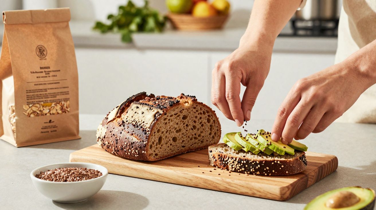 Mãos a polvilhar sementes em fatia de pão integral com abacate, numa tábua de madeira na cozinha.