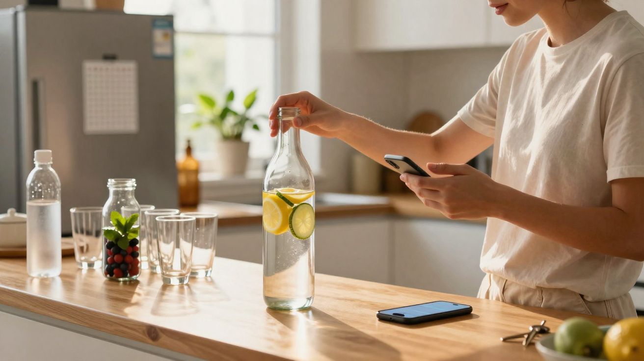 Pessoa a servir água com rodelas de limão e pepino numa garrafa, enquanto segura um telefone móvel numa cozinha.