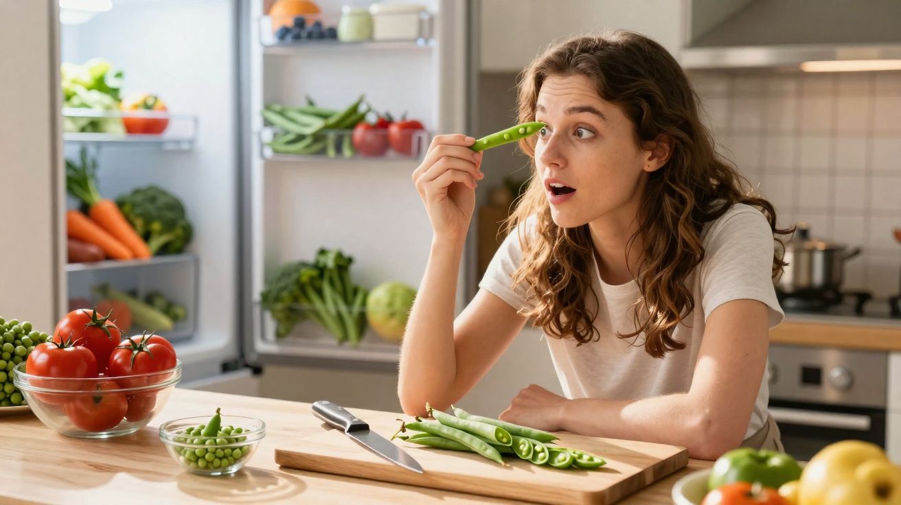 Mulher em cozinha a brincar com ervilha fresca na mão, com legumes e tomate sobre a mesa.