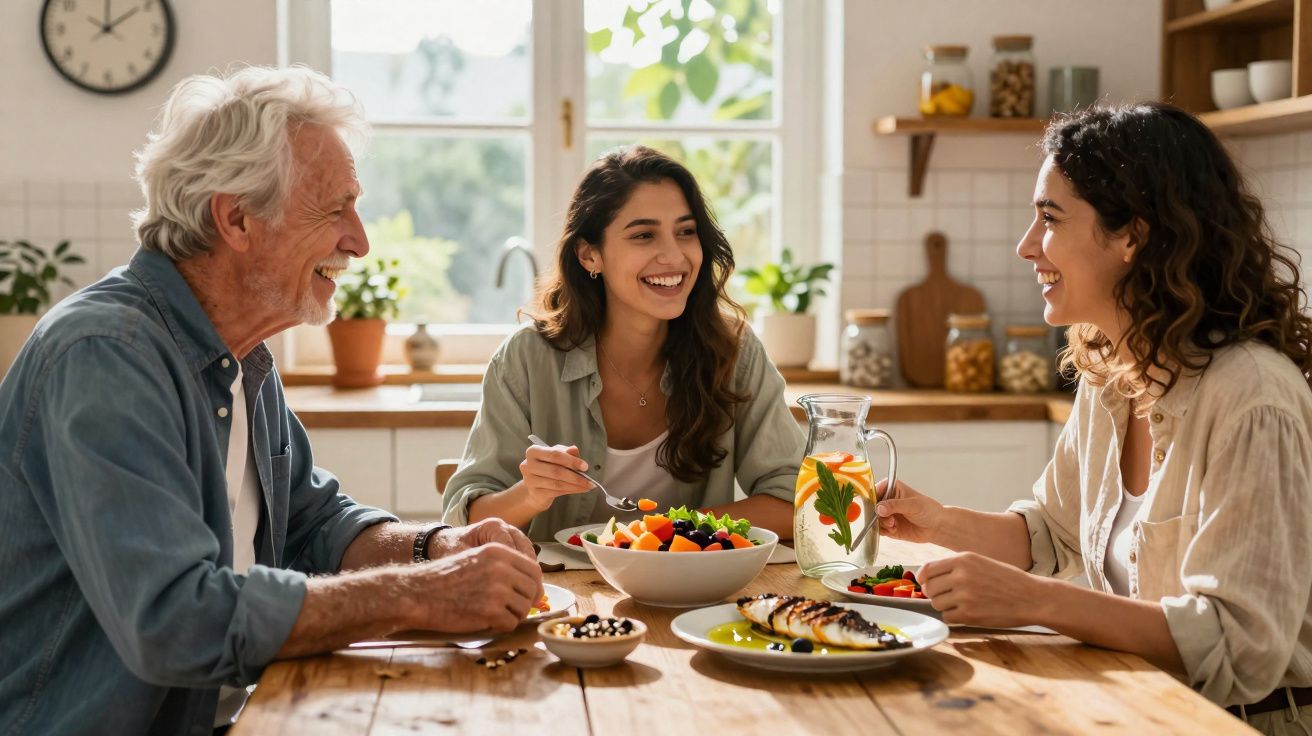 Homem idoso e duas mulheres jovens felizes a comer e conversar numa cozinha luminosa.