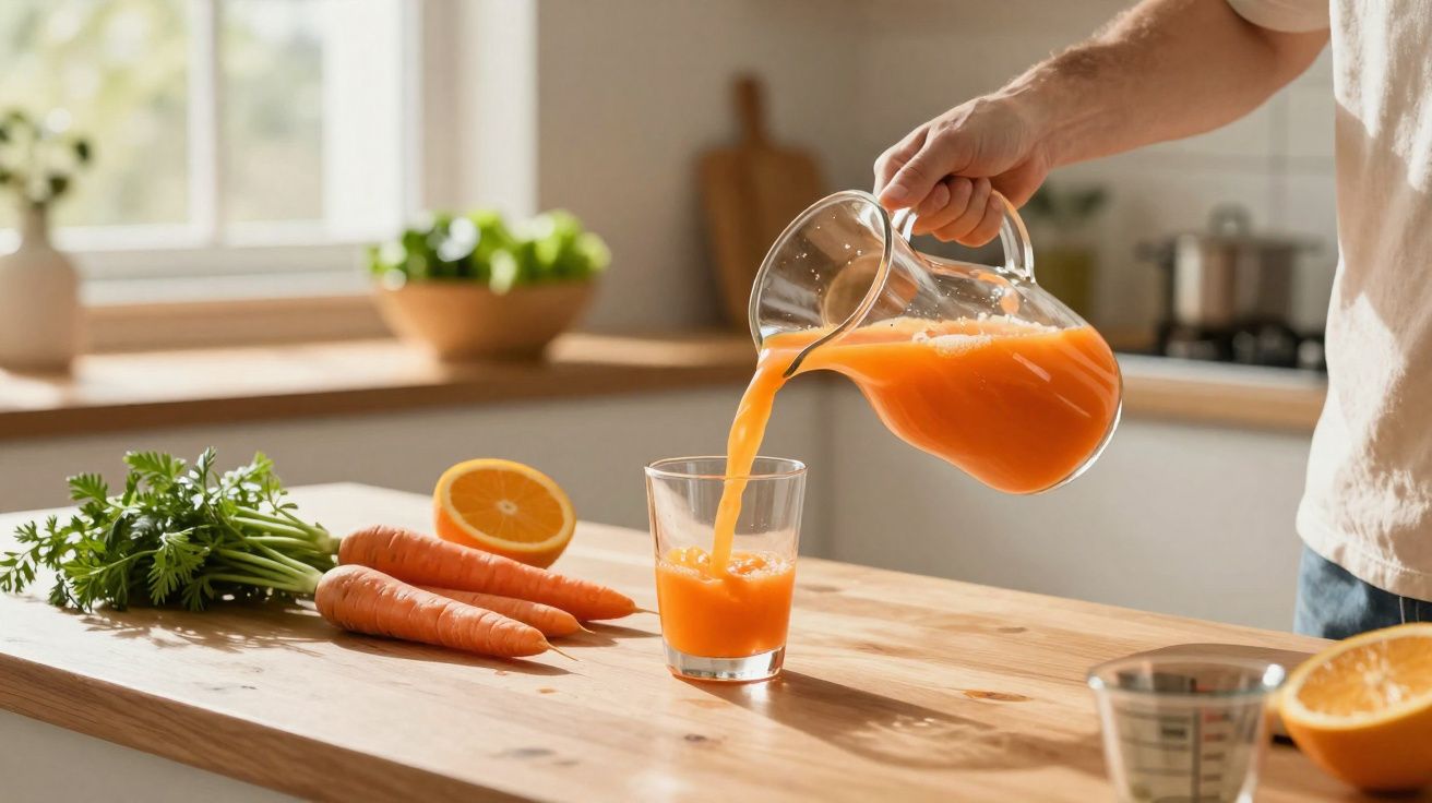 Pessoa a servir sumo de cenoura num copo numa cozinha iluminada com cenouras e laranja na bancada.