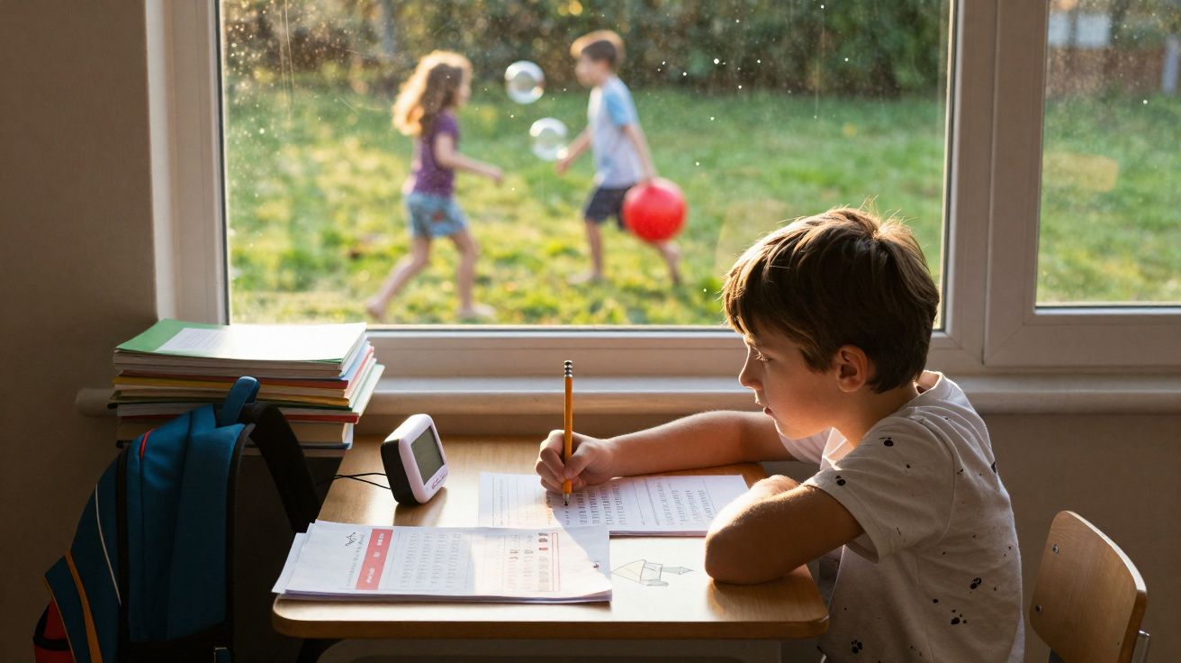 Criança a fazer trabalhos de casa numa mesa perto de uma janela enquanto duas crianças brincam lá fora.