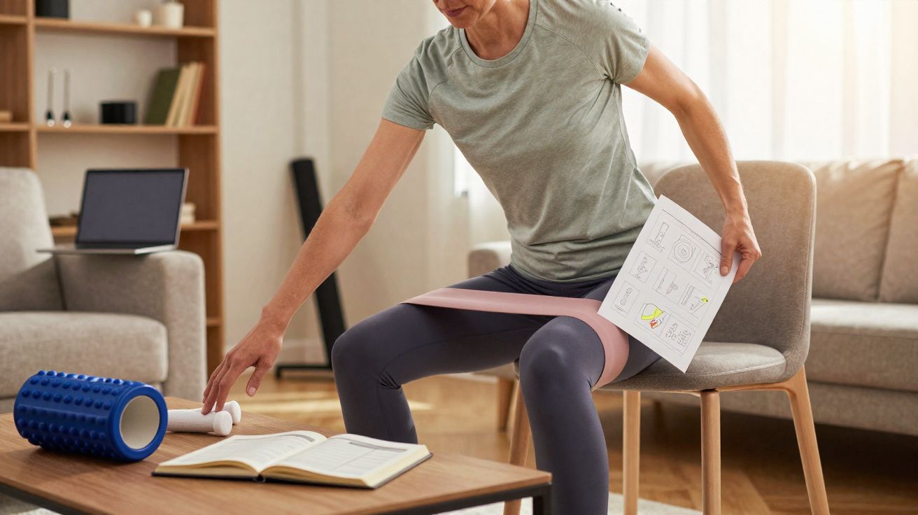 Pessoa a fazer exercícios com banda elástica nos joelhos em casa, segurando instruções e tocando livro na mesa.