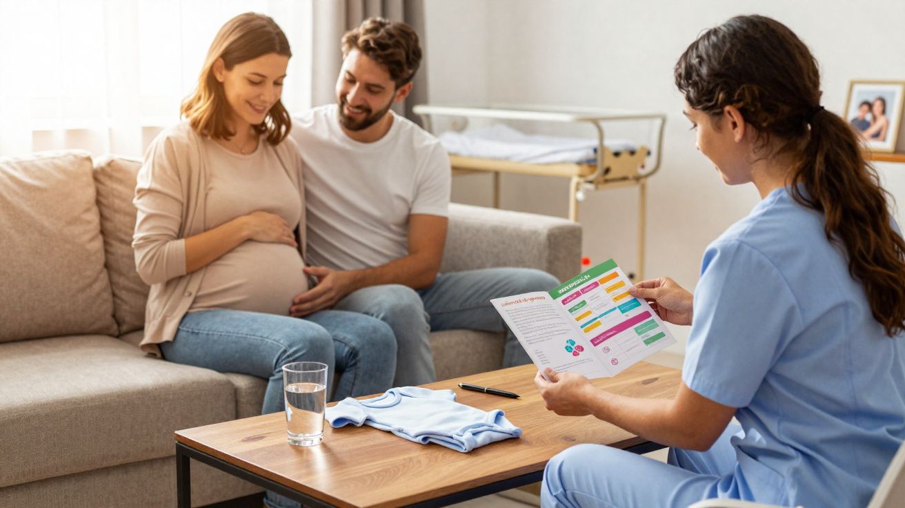 Casal grávido sentado no sofá a ouvir profissional de saúde que mostra informação em folheto.