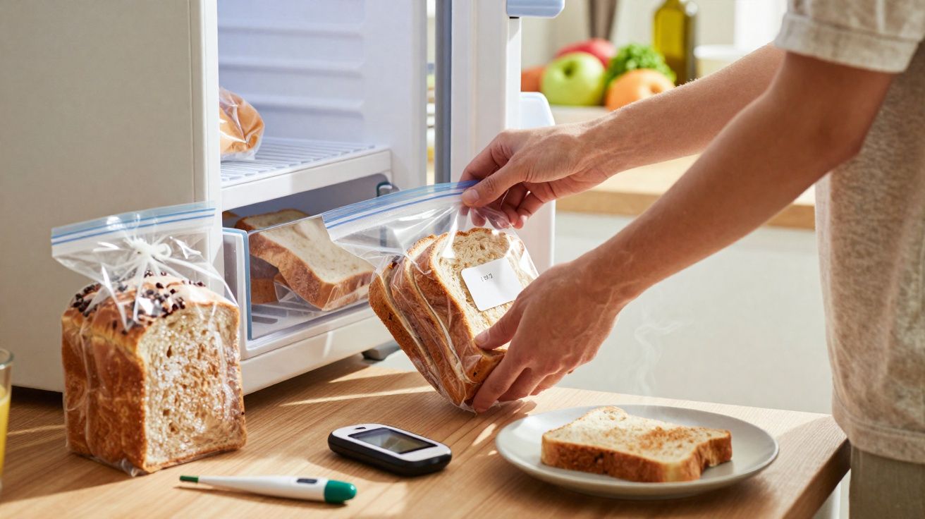 Mãos a guardar fatias de pão num saco plástico junto a frigorífico e medidores de glicemia numa mesa de cozinha.