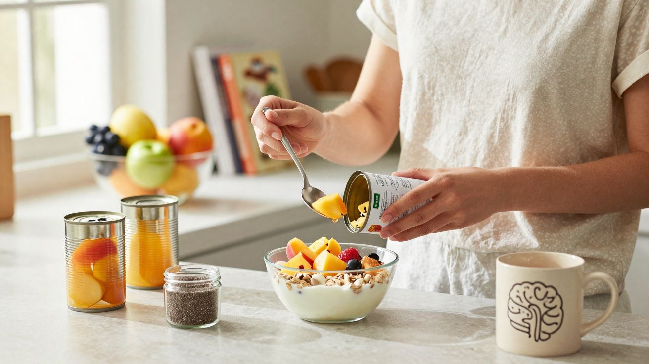 Pessoa a colocar fruta em conserva numa taça com iogurte, rodeada de ingredientes na cozinha.