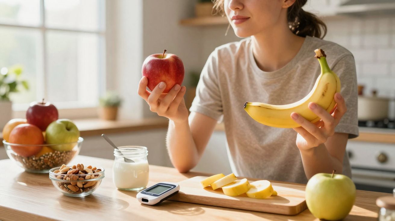 Mulher segura maçã e banana na cozinha com frutas, iogurte, frutos secos e medidor de glicose na mesa.