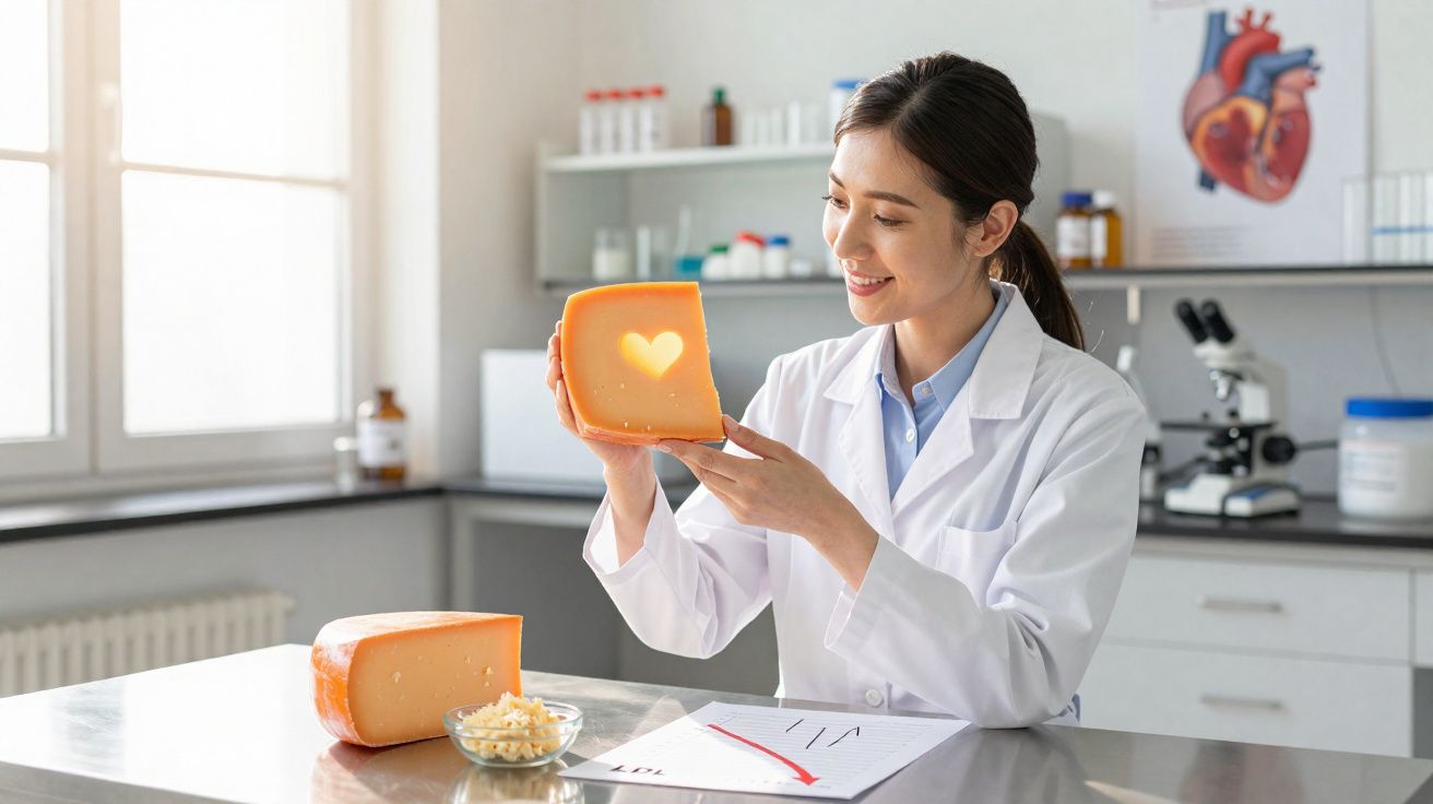 Mulher cientista em laboratório segura pedaço de queijo com buraco em forma de coração.