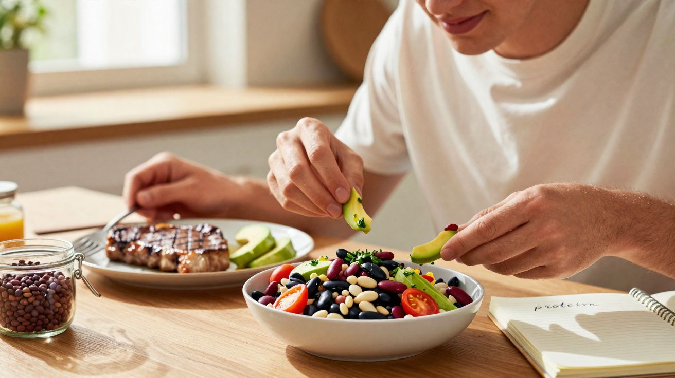 Pessoa a temperar salada variada com feijão, tomate e abacate, com prato de carne e caderno na mesa.