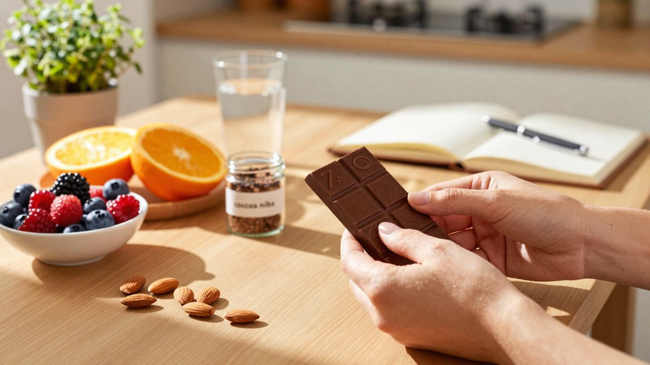 Mãos seguram barra de chocolate junto a tigela com frutos vermelhos, laranja, amêndoas e frascos numa mesa de madeira.