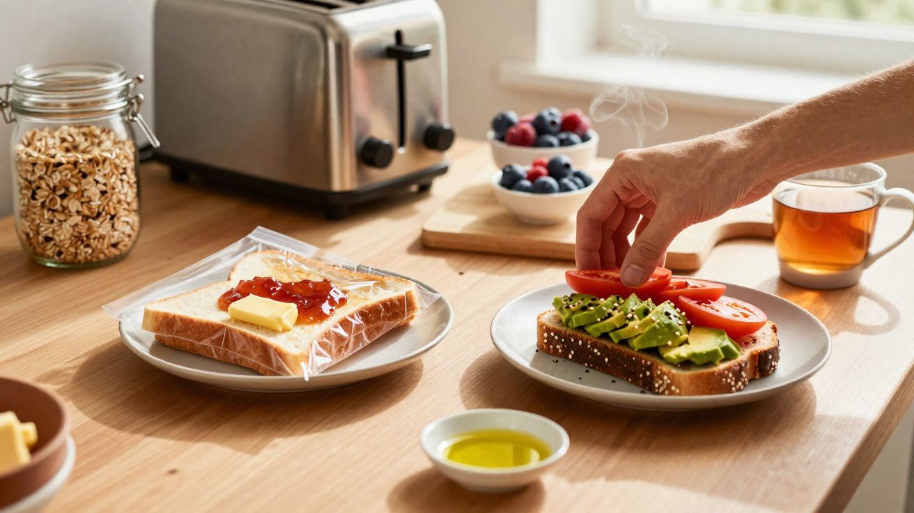 Mesa de pequeno-almoço com torradas, abacate, tomate, chá quente e taça de frutos vermelhos.