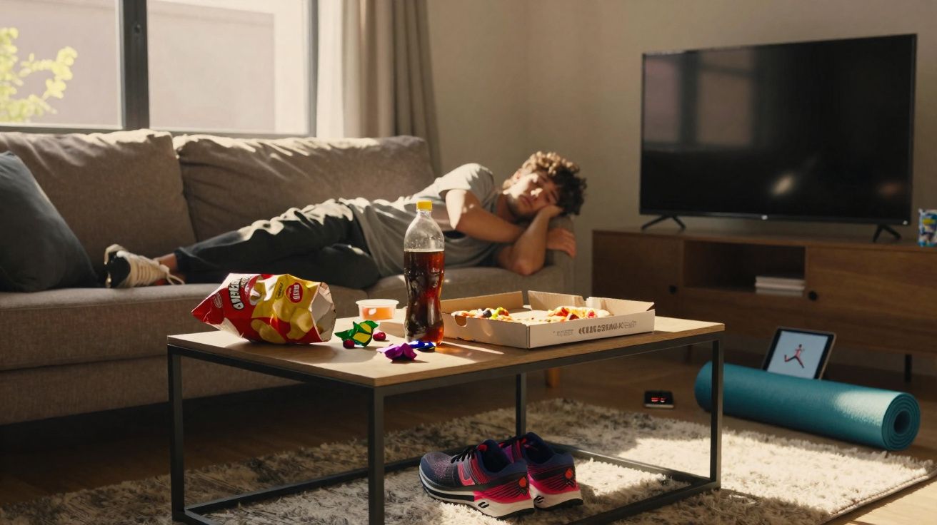 Jovem deitado no sofá de sala com petiscos, refrigerante, ténis e tapete de exercício à sua frente.