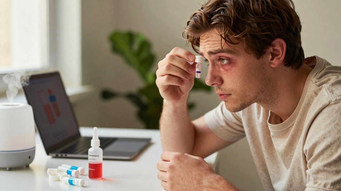 Homem com olheira e olhos vermelhos segurando frasco de colírio, sentado à mesa com laptop e remédios.