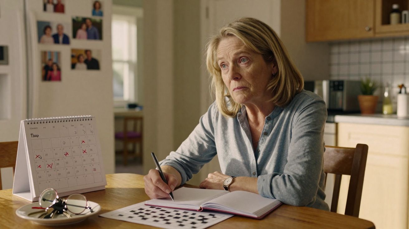 Mulher madura sentada à mesa, escrevendo num caderno, com calendário e óculos na mesa de cozinha.