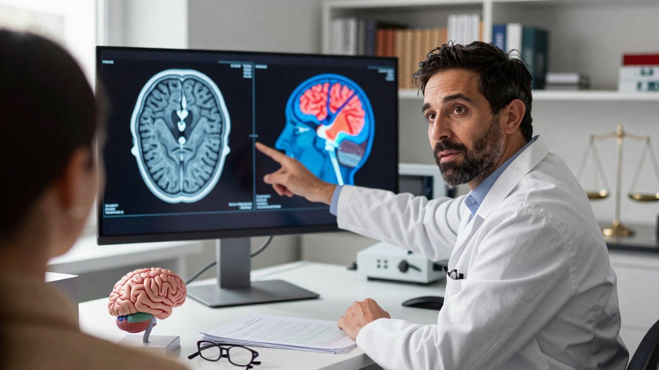 Médico a explicar imagens de exames cerebrais no computador a um paciente numa consulta.
