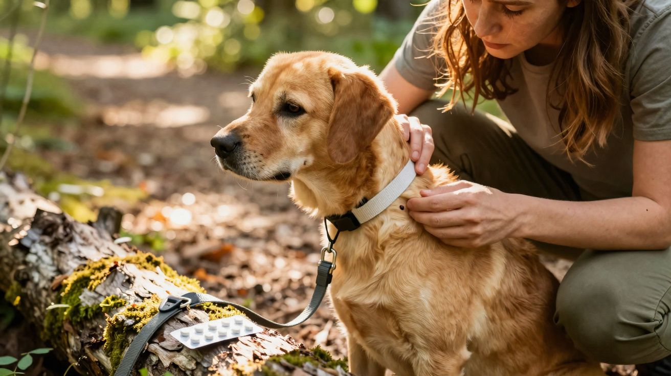 Mulher coloca coleira num cão dourado ao ar livre, com comprimidos sobre tronco caído coberto de musgo.