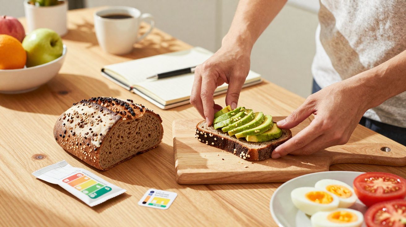 Pessoa prepara tosta de abacate numa tábua, com pão, ovos cozidos e tomate à mesa de madeira.