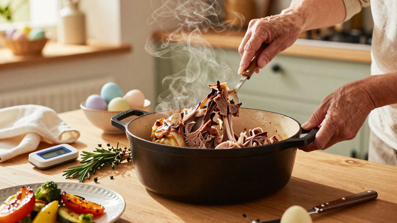 Mãos a servir carne cozinhada fumegante numa panela preta em cozinha acolhedora com legumes no prato.