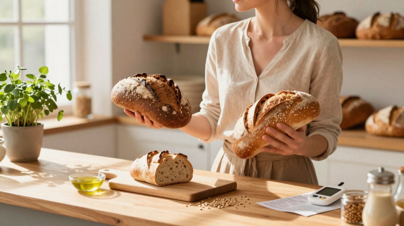 Pessoa a segurar dois pães artesanais numa cozinha com pão em prateleiras ao fundo e azeite na bancada.