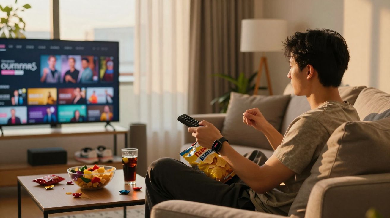 Jovem sentado no sofá a ver televisão, segurando comando e pacote de batatas fritas, com bebida e snacks na mesa.
