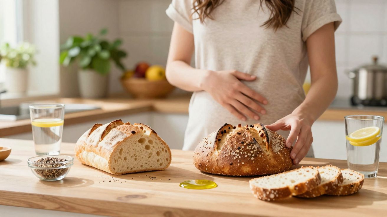 Mulher grávida na cozinha com dois tipos de pão e copos de água com limão numa bancada de madeira.