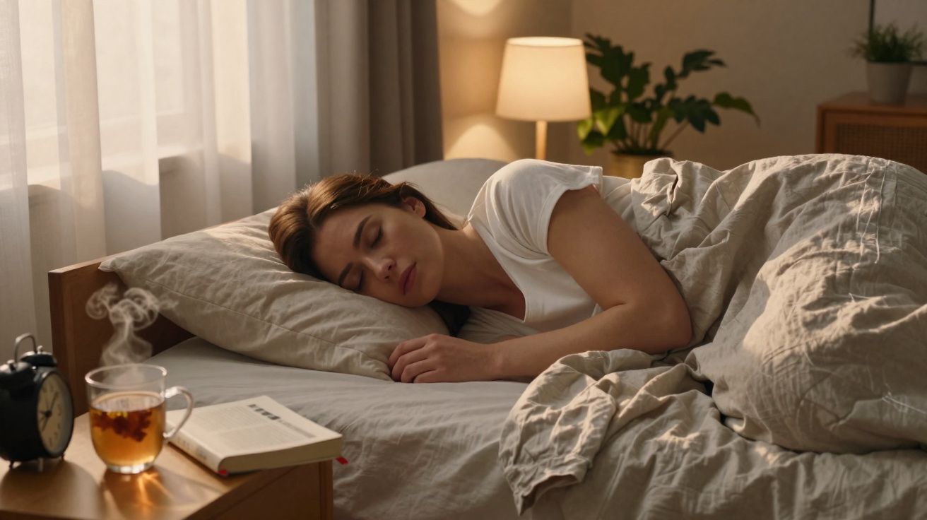 Mulher a dormir na cama com roupa de cama bege, ao lado mesa com chá quente, relógio e livro, luz suave.