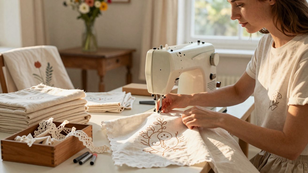 Mulher costura tecido com máquina numa mesa com rendas e tecidos bordados à sua volta, em ambiente iluminado.