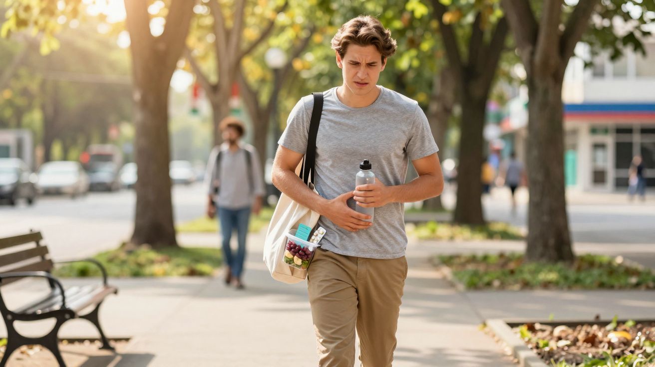Jovem com roupa casual a caminhar na rua, segurando garrafa de água e saco com compras, expressão preocupada.