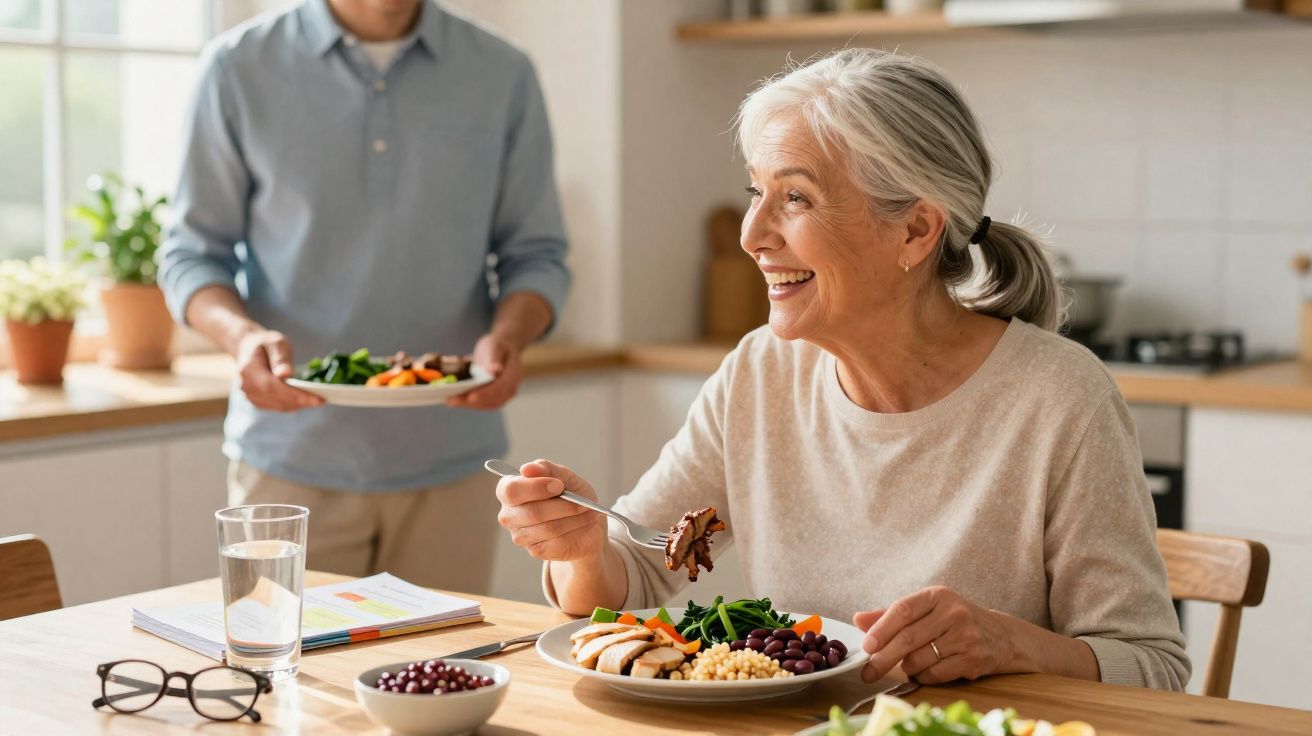 Mulher idosa sorridente a comer refeição saudável na cozinha, com homem ao fundo a servir comida.