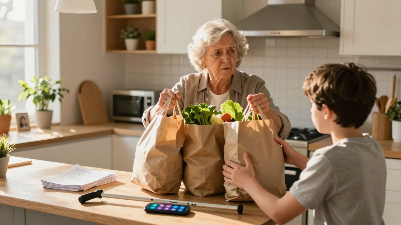 Idosa entrega sacos com legumes a criança numa cozinha moderna e bem iluminada.