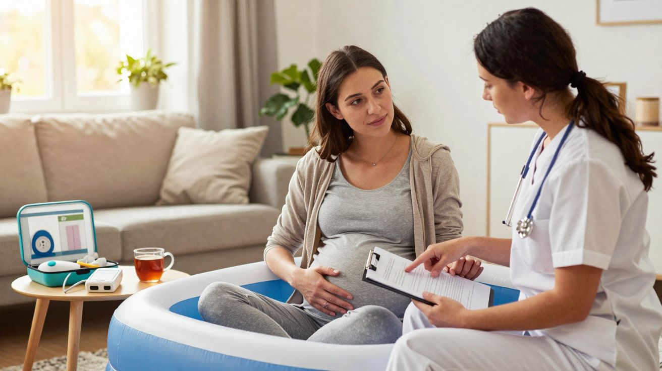 Mulher grávida sentada em piscina insuflável discute com médica que segura prancheta num ambiente acolhedor.