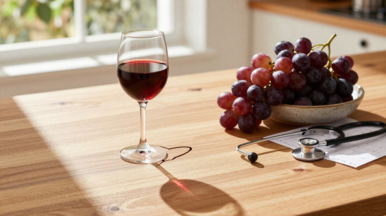 Copo de vinho tinto, cachos de uvas e estetoscópio sobre mesa de madeira iluminada por luz natural.