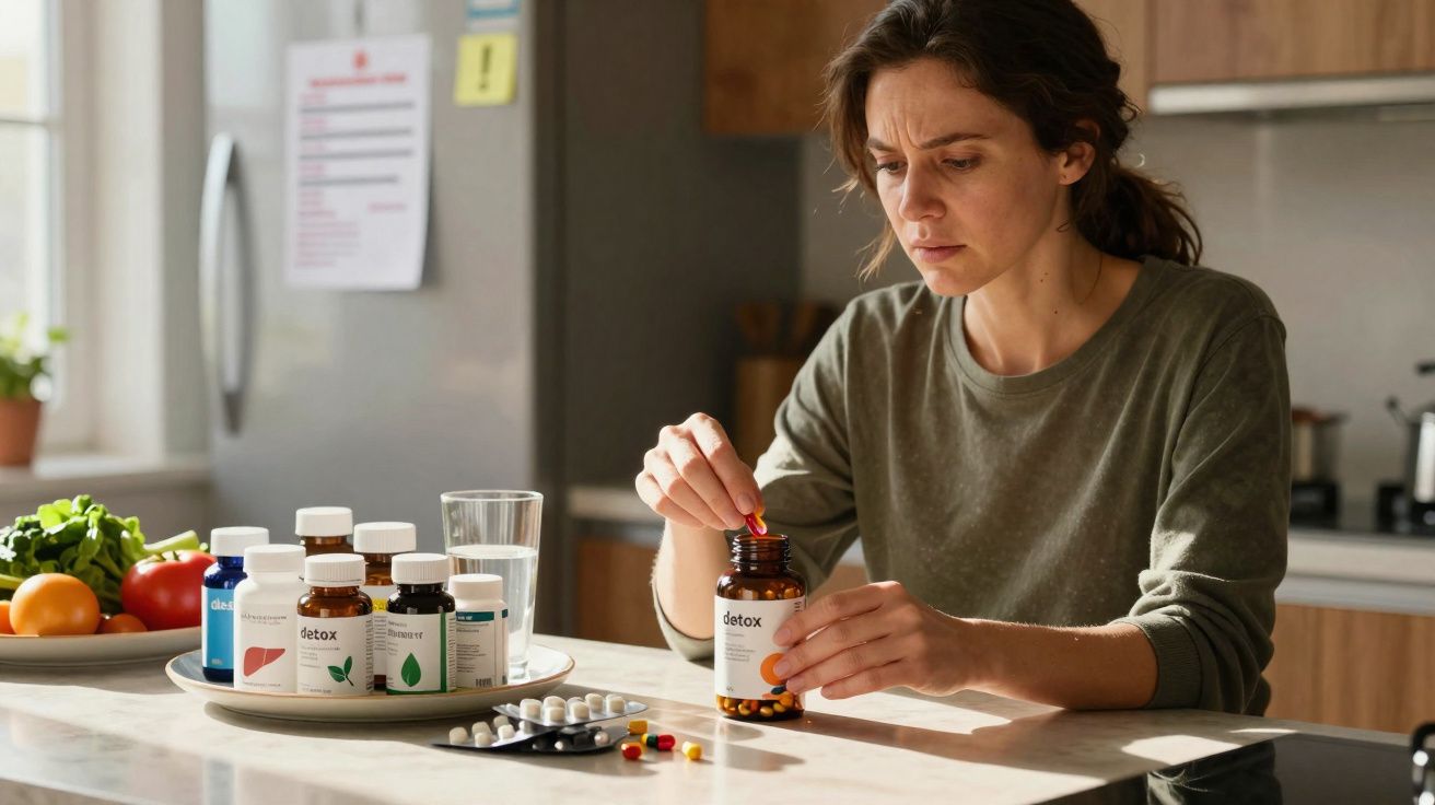 Mulher sentada à mesa da cozinha a tomar suplemento detox em cápsulas com vários frascos de medicamentos à sua frente.