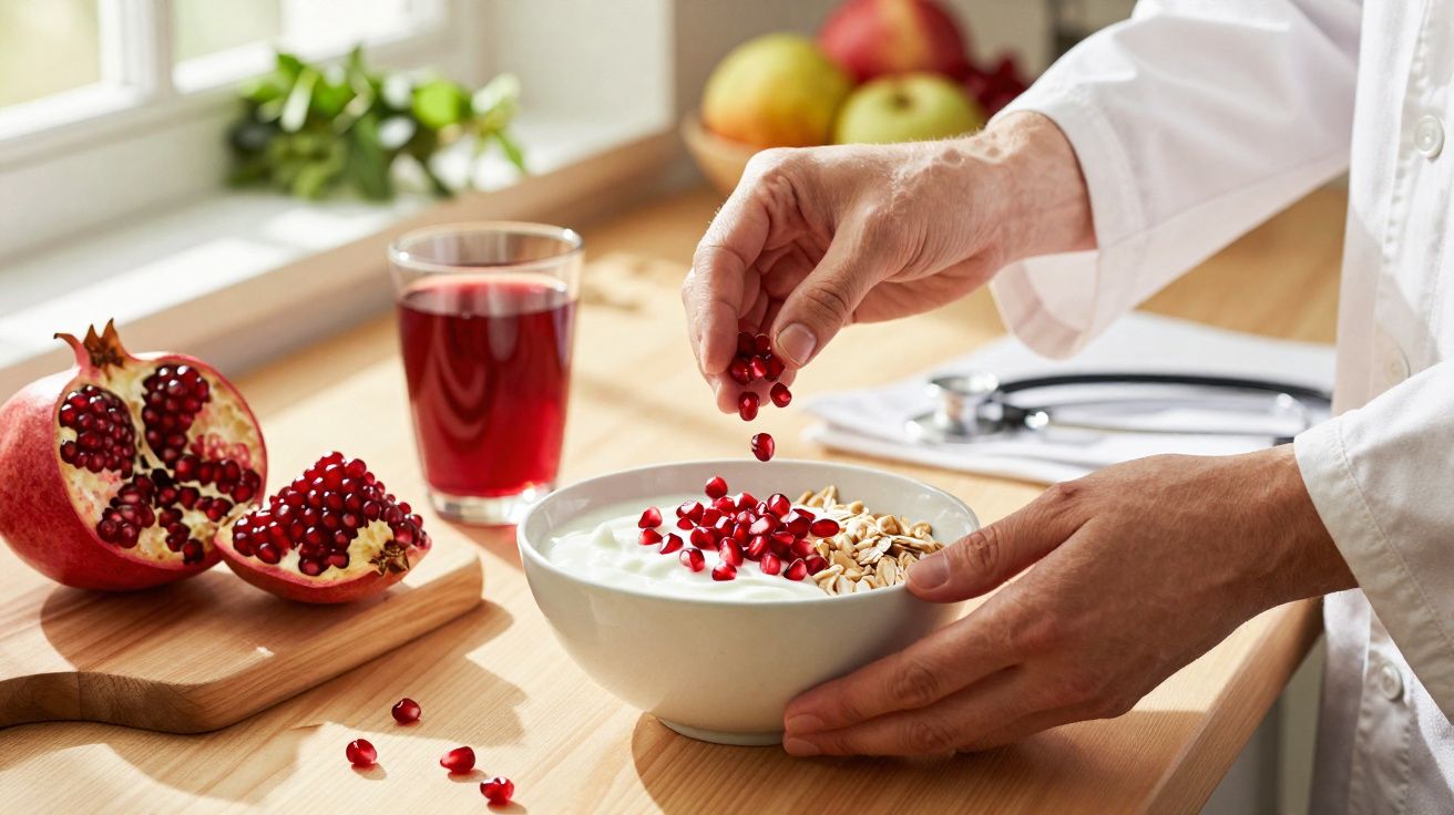 Mãos a colocar sementes de romã num iogurte com granola, em cima de uma mesa com romã partida e sumo vermelho.