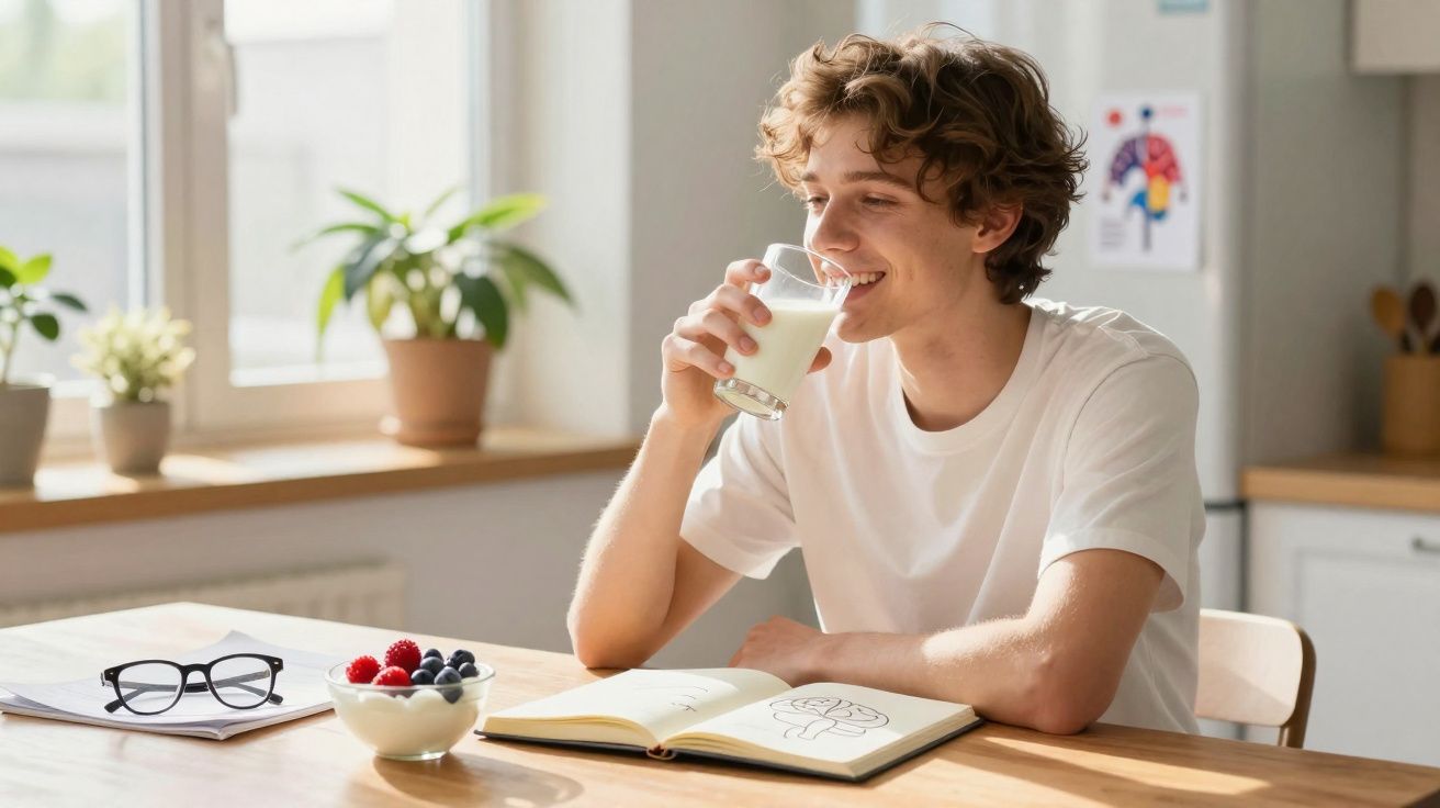 Jovem a beber leite enquanto estuda num ambiente luminoso e organizado com plantas na janela.