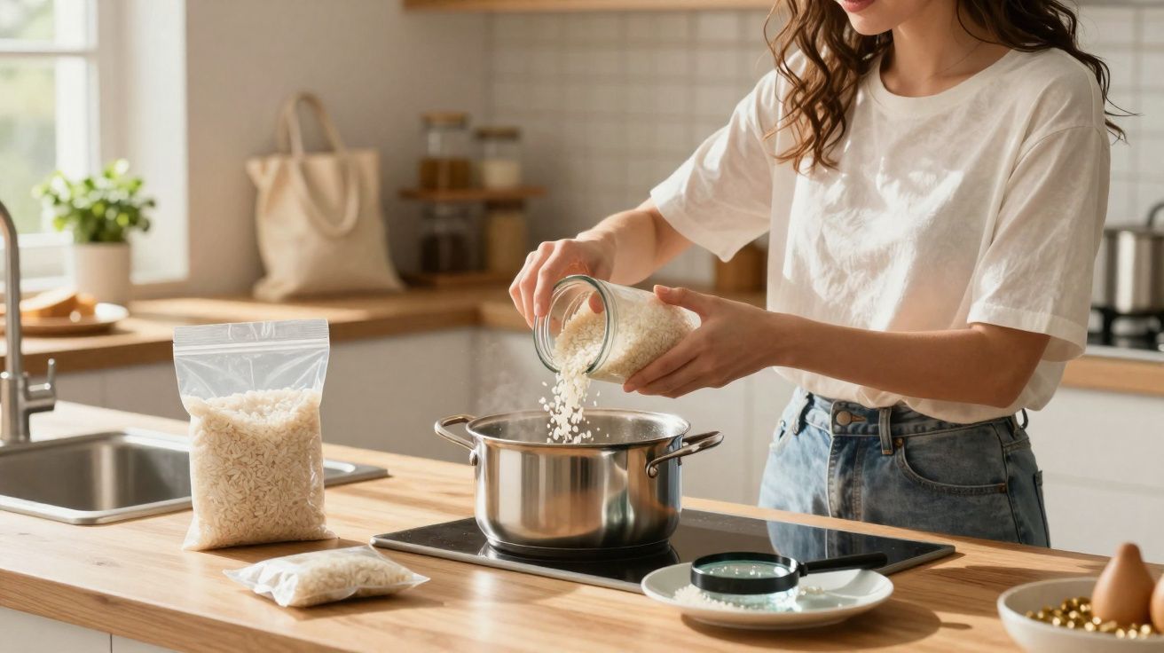 Mulher a cozinhar arroz numa panela numa cozinha moderna luminosa.