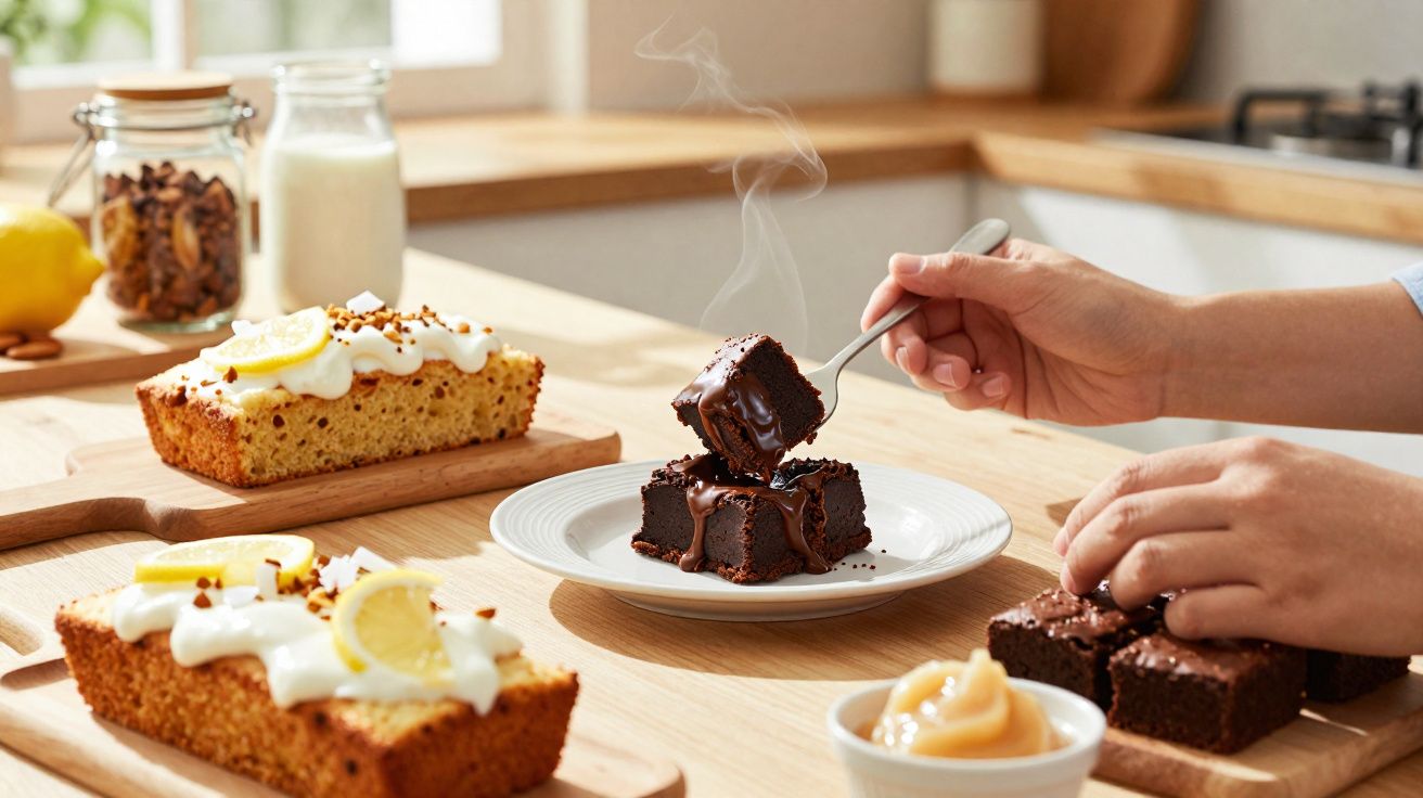 Pedaços de bolo de chocolate quente com vapor e bolos de limão com cobertura de creme numa mesa de madeira.