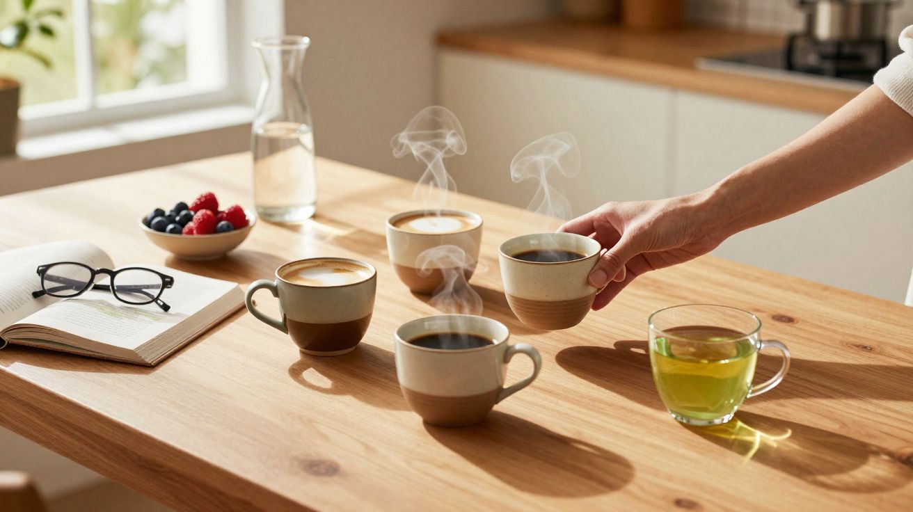 Mesa de madeira com quatro chávenas de café quente, chá verde, fruta, livro e óculos, em ambiente luminoso.